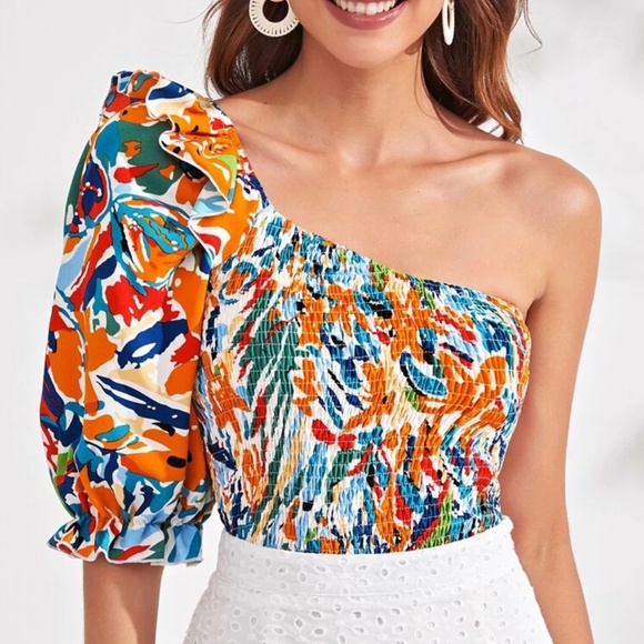 Tops - Boho Floral Print One Shoulder Crop Top